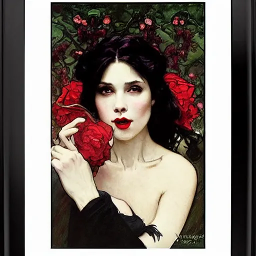 Image similar to portrait of a very beautiful vampire, top half of body, pensive expression, by Stanley Artgerm Lau, greg rutkowski, thomas kindkade, alphonse mucha, loish, norman rockwell, J. C. Leyendecker. dark black hair, pale skin, detailed eyes, red lips. framed by black flowers. dark, scary, eldritch horror. rule of thirds extremely detailed illustration hd 4k