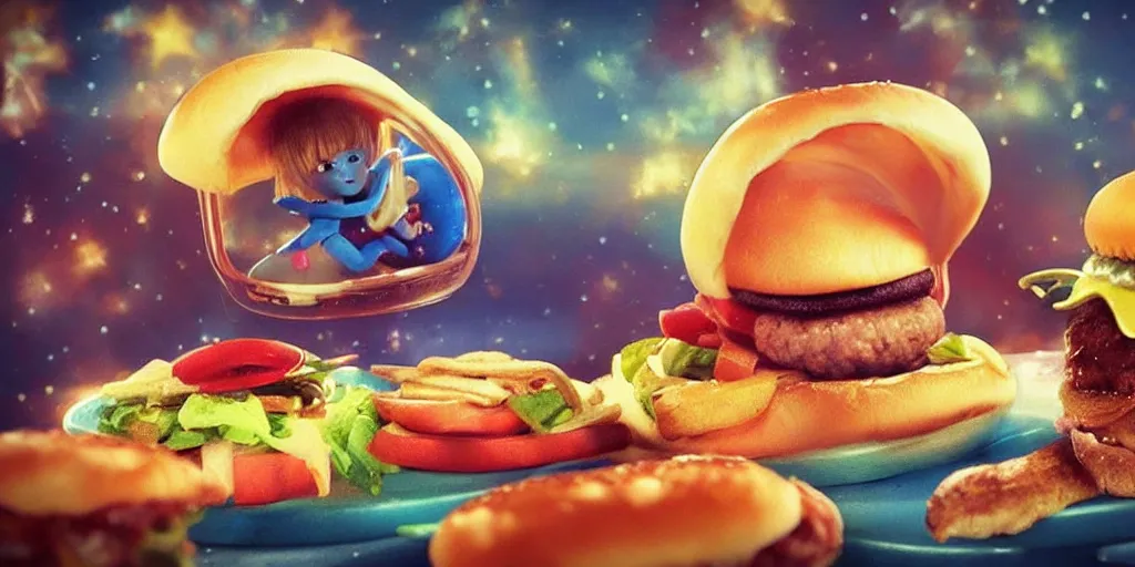 Prompt: a dream of time gone by, where I was eating burgers and not so hungry, realistic, out of this world, alien, sleepy, on a mini world, the little prince from outer space, colorful, gangly, dream, vial of stars, metallic, satisfying render, tiny people devouring food