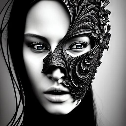 Image similar to portrait of a young beautiful woman with a mask. contemporary photograph and speed painting and fractal and mandelbulb and lines and scribble art. black and white. intricate, elegant, super highly detailed, professional digital painting, artstation, concept art, smooth, sharp focus, no blur, no dof, extreme illustration, Unreal Engine 5, Photorealism, HD quality, 8k resolution, cinema 4d, 3D, beautiful, cinematic, art by artgerm and greg rutkowski and alphonse mucha and loish and WLOP.