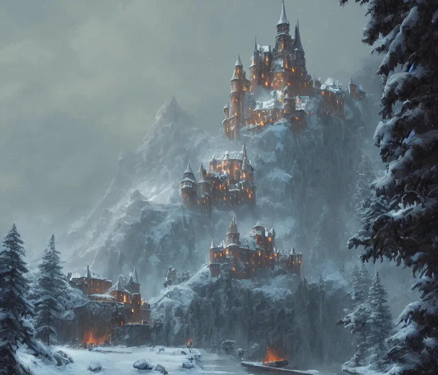 Image similar to a painting of a castle in the middle of a snowy mountain, a detailed matte painting by andreas rocha and greg rutkowski, featured on artstation, fantasy art, matte drawing, matte painting, artstation hq