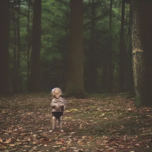 Prompt: old photo of a floating child in the middle of a forest