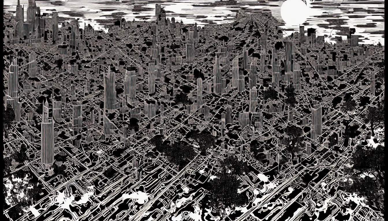 Image similar to detroit by woodblock print, nicolas delort, moebius, victo ngai, josan gonzalez, kilian eng