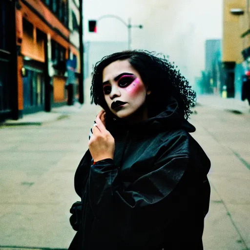 Image similar to Cinestill 50d candid photography of a city on fire, extreme wide shot a techwear mixed woman wearing thick mascara and dark glitter makeup crying outside of a city on fire, tattoos, extreme long shot, full shot, blurry, 4k, 8k, hd, full color