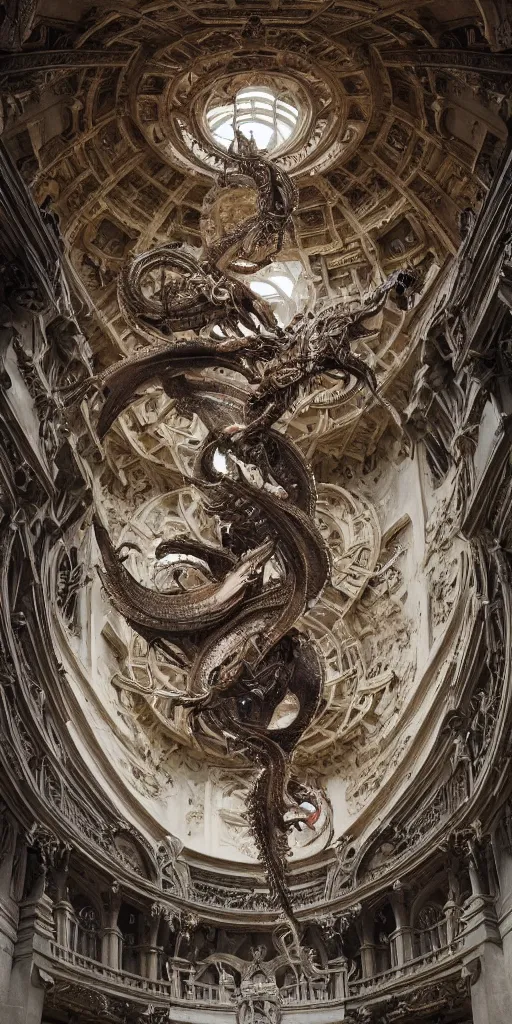 Image similar to enormous Ouroboros floating around inside an ancient mage castle hall colossal scale, gothic and baroque, brutalist architecture, ultradetailed, intricate details by Ellen Jewett and Ayami Kojima