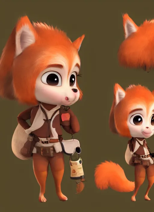 Image similar to female explorer mini cute girl, character adoptable, highly detailed, rendered, ray - tracing, cgi animated, 3 d demo reel avatar, style of maple story and zootopia, maple story indiana, fluffy fox ears, dark skin, cool clothes, soft shade, soft lighting, portrait pose