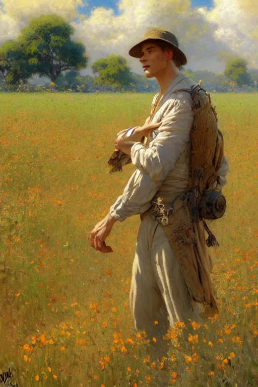 Image similar to attractive man in flower field, painting by gaston bussiere, craig mullins, j. c. leyendecker, ghibli style
