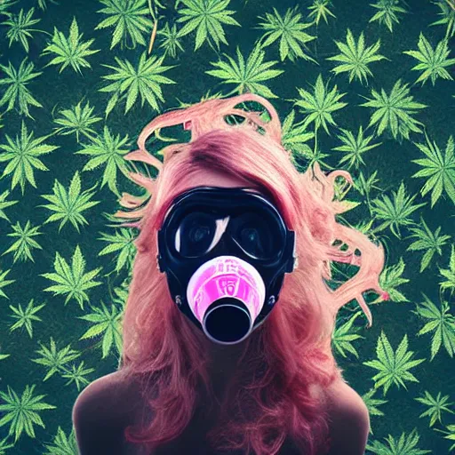 Image similar to Gas mask, Marijuana, marijuana leaves, smoke, long pink hair