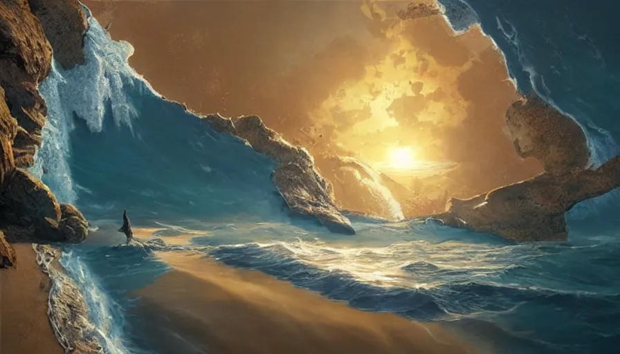 Prompt: earth, sun and sea, golden hour, shadow in the sun, detailed, illustration, unreal engine, art by greg rutkowski