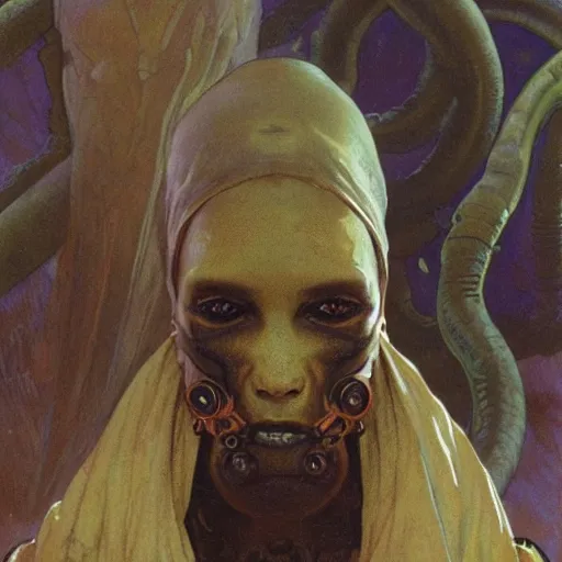 Prompt: close - up portrait impassive black - skinned cyborg clone with bronze eyes, grim expression, and insect tentacle wrapped tightly around neck like scarf, wearing cloak on blasted plain, science fiction concept art by greg rutkowski, alphonse mucha, gaston bussiere, brom, deak ferrand, and beksinski