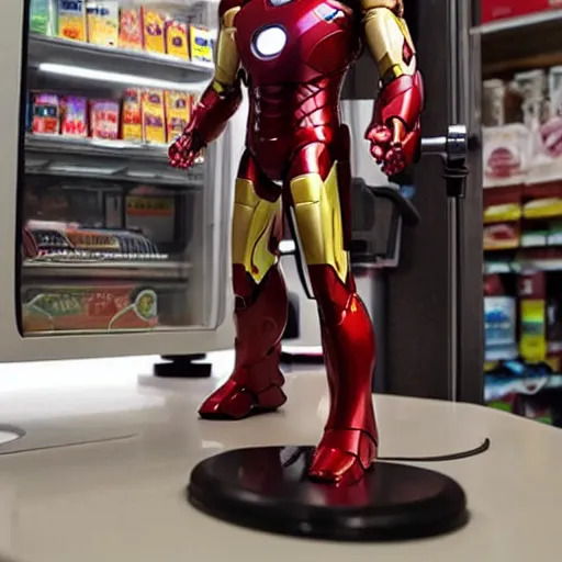 Prompt: Iron Man working as a 7/11 cashier using a laser scanner, cash register, laser scanner, macro, wide wide shot, very detailed, beautiful lighting