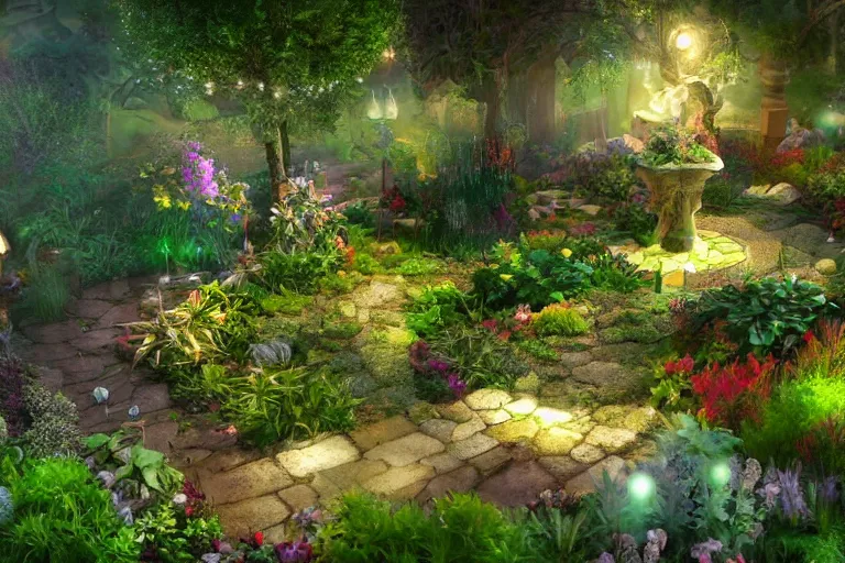 Image similar to a magical fantasy garden. cinematic lighting. photorealism.