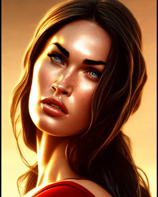 Prompt: portrait of megan fox as superman, dc, man of steel, intricate, headshot, highly detailed, digital painting, artstation, concept art, sharp focus, cinematic lighting, illustration, art by artgerm and greg rutkowski, alphonse mucha, cgsociety