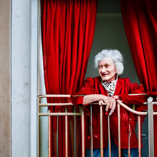 Image similar to Medium Shot portrait of a very well-dressed old lady in a balcony of a red hotel, photo made by Wes Anderson award winning, 4K