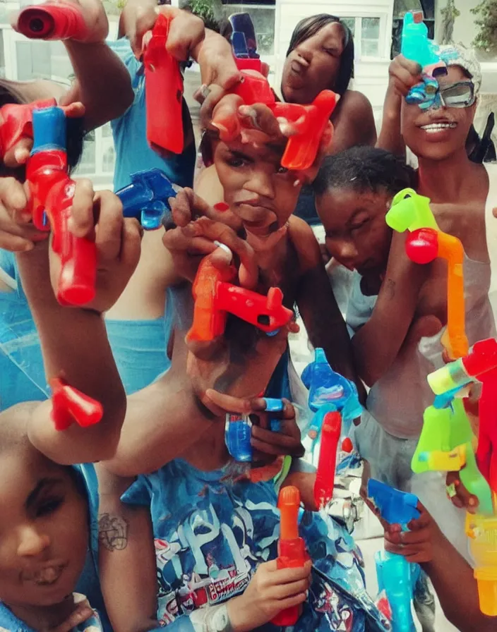 Image similar to bloods gang members showing off their plastic colorful water guns, bad quality, phone photo, leaked photo, paparazzi photo, realistic, 720p