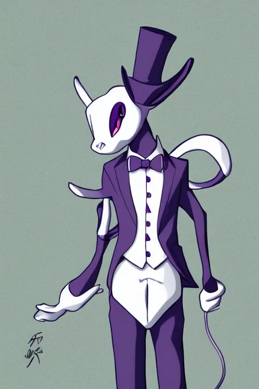 Prompt: mewtwo wearing a top hat and suit, highly detailed, digital art, sharp focus, ambient glow, trending on art station, anime art style