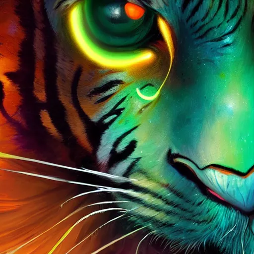 Prompt: close up face of a beautiful evil female tiger paladin in full shining armor with one menacing green and orange glowing eye, oil painting, digital painting, intricate detail, vivid color, neon color, artwork by ross tran + raymond swanland, background artwork by steven outram