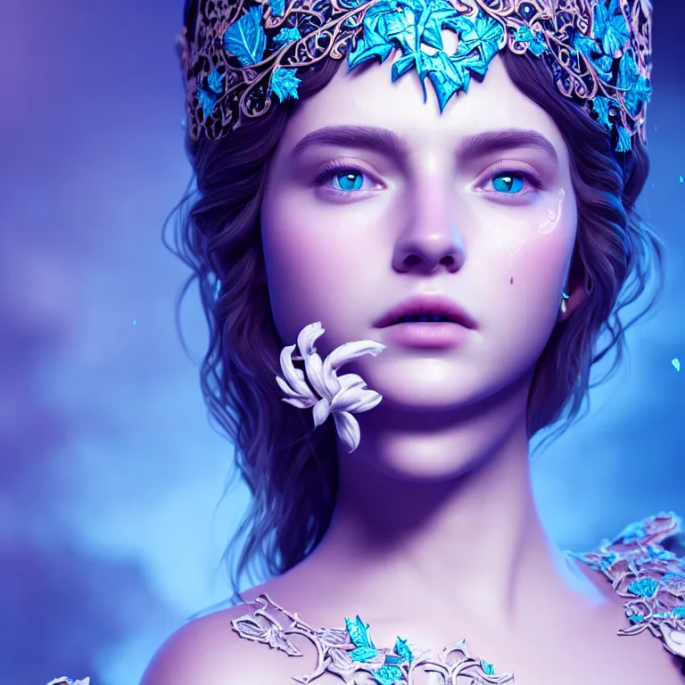 Prompt: wonderful princess of vines with a clear skin, ornate 8 k gorgeous intricate white detailed, accent blue lighting, dramatic light, octane render