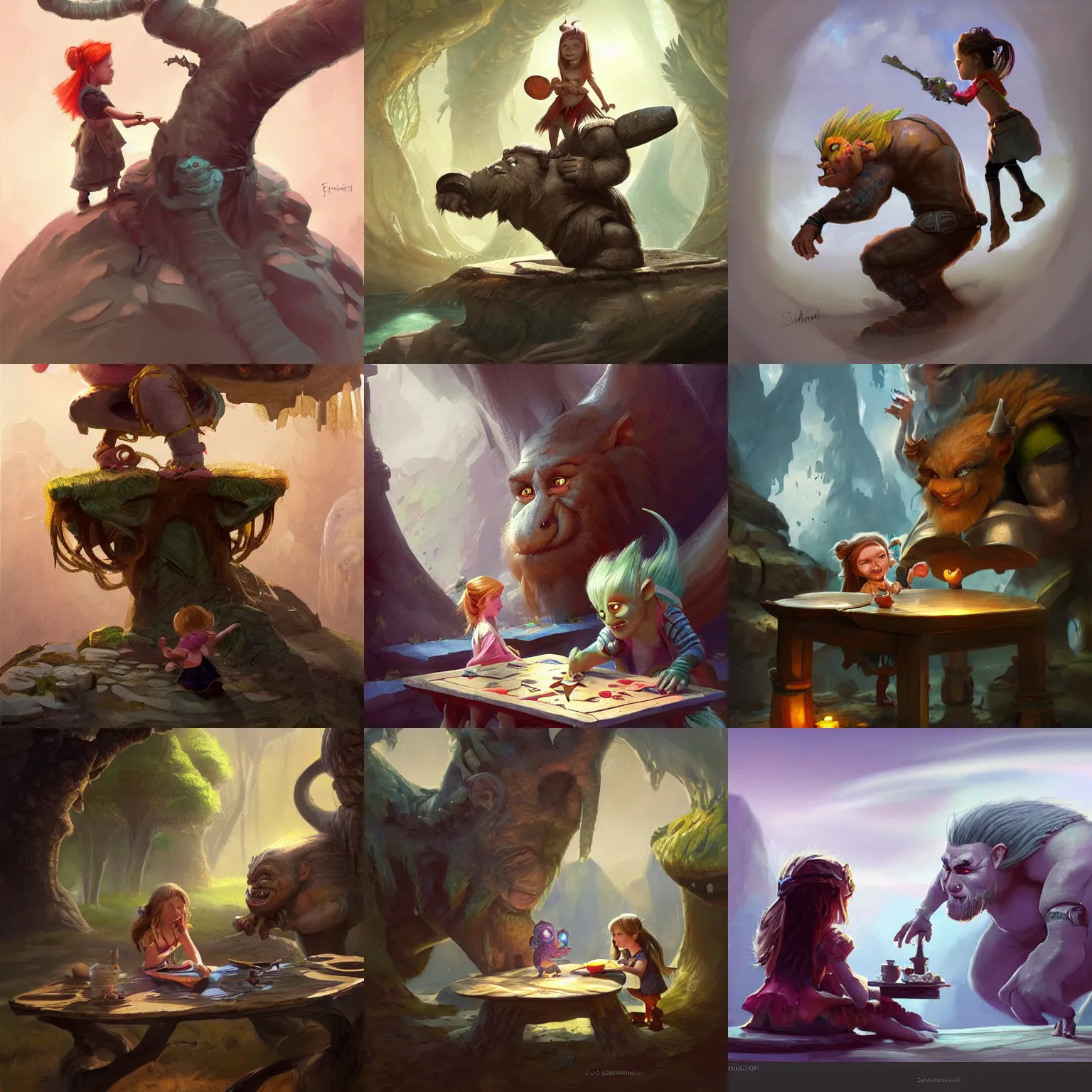 Prompt: an illustration shows a table with a little girl next to a troll holding onto the, concept art by slawomir maniak, trending on artstation, fantasy art, fantasy art