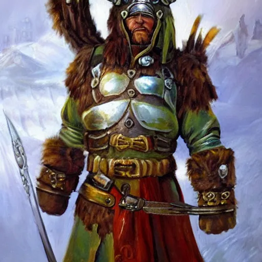 Image similar to a russian warrior who is wearing iron gauntlets in the shape of bear claws in the style of warhammer fantasy : : head and shoulders oil painting