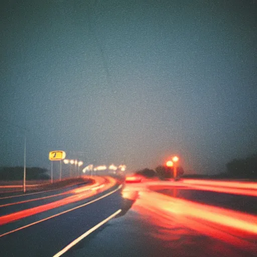 Image similar to “35mm film photography of highways, rain, night, cinestill 800t, grain”