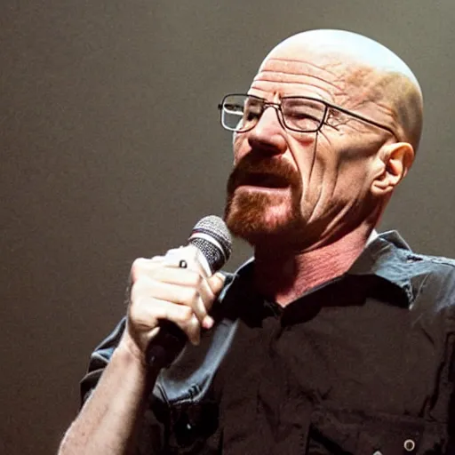 Image similar to Walter white singing at a death metal concert