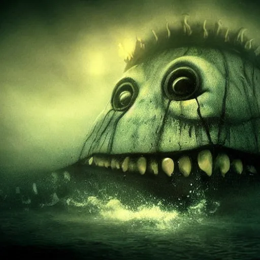 Prompt: sea monster about to eat pov underwater, pale skin, dark yellowish water, foggy water, dark, dramatic,'silent hill ', big eyes, alluring and terrifying, cinematic