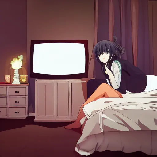 Prompt: cute art of a beautiful anime girl watching tv inside a bedroom, aesthetically pleasing, detailed,