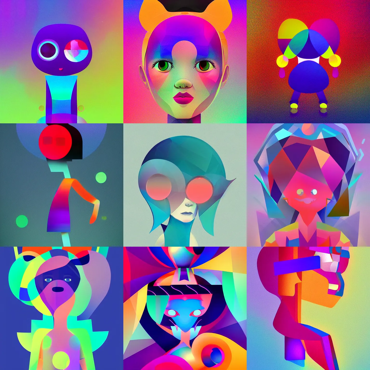 Prompt: a very cute digital character built with abstract shapes and iridescent colourful gradients. Digital art, abstract geometric art trending on artstation, award winning art in the Louvre.