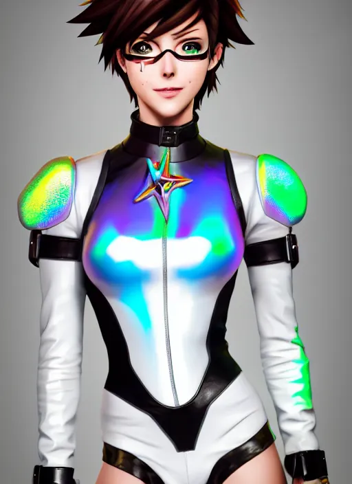 Image similar to portrait bust digital artwork of tracer overwatch, wearing white iridescent rainbow latex and leather straps catsuit outfit, 4 k, expressive happy smug expression, makeup, in style of mark arian, angel wings, wearing detailed black leather collar, chains, black leather harness, detailed face and eyes,