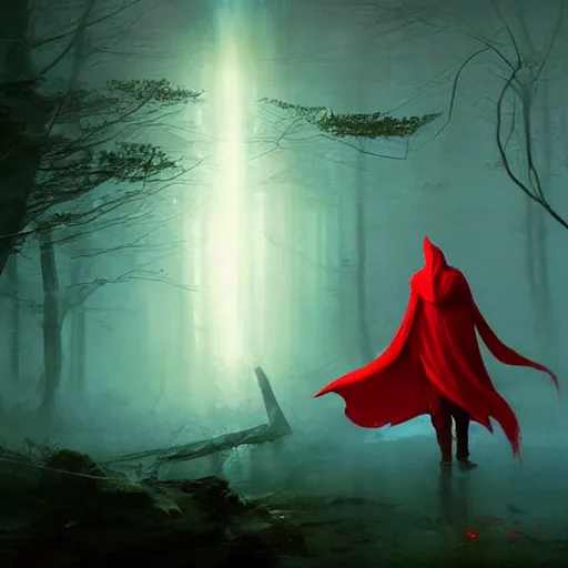 Image similar to ''cinematic shot'' red hooded mage ( spectre ) with leaves falling simetrical 8 k atmosferic realistic, holding a bell, made by ivan aivazovsky, peter mohrbacher, greg rutkowski volumetric light effect broad light oil painting painting fantasy art style sci - fi art style realism premium prints available artwork unreal engine