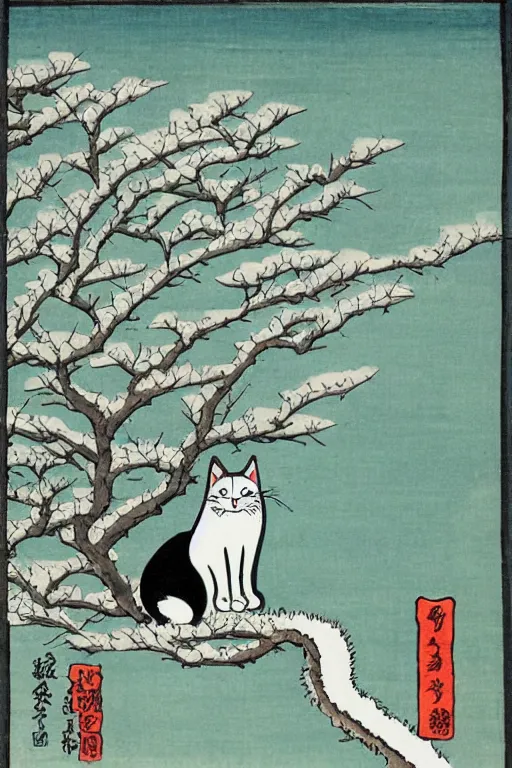 Image similar to white cat in the tree in winter day in the style of Utagawa Hiroshige