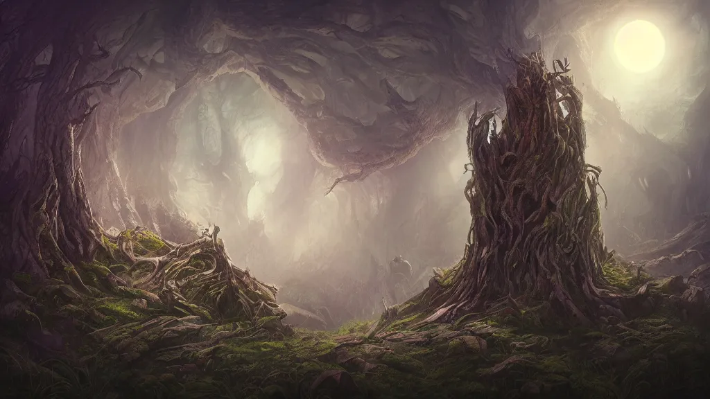 Prompt: old gods in the depths of Stump House mountain, dreamscape, dramatic lighting, fantasy art illustration, trending on artstation, Aetherpunk