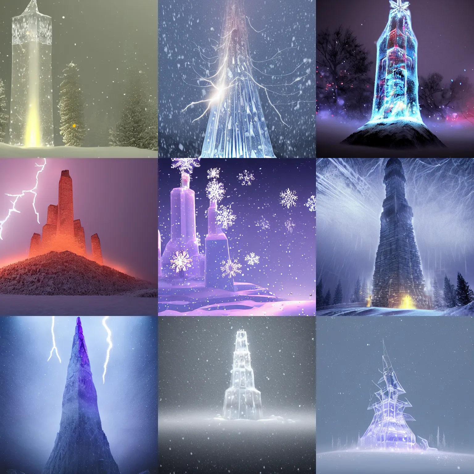 Prompt: snow crystal tower, deep fog, lightning, fire sparkles, realistic, 4 k