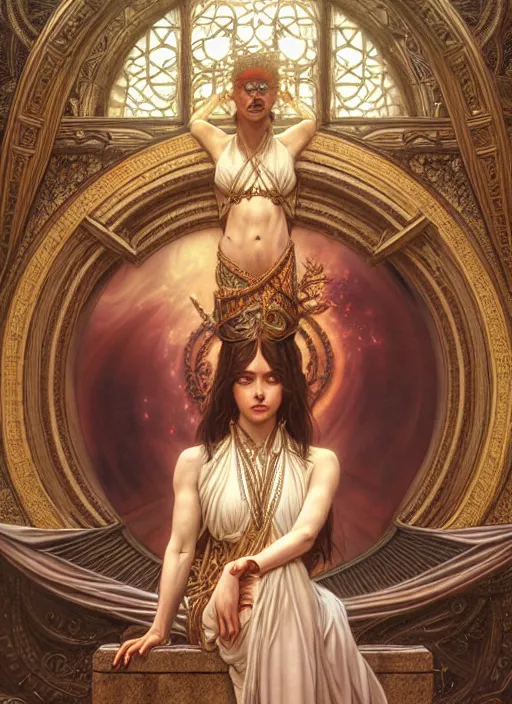 Prompt: a hyper realistic photo of goddess, pillars with arc, ornate, ultra realistic, concept art, intricate details, eerie, highly detailed, photorealistic, octane render, 8 k, unreal engine. art by artgerm and greg rutkowski and charlie bowater and magali villeneuve and alphonse mucha