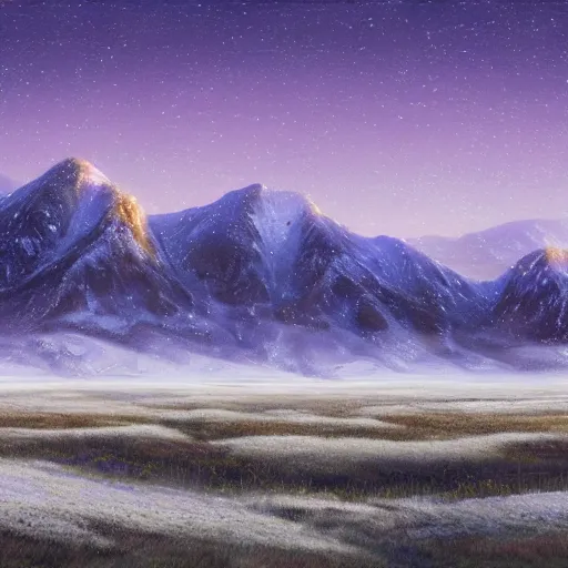 Image similar to A professional digital landscape painting of a vast wintery tundra with peaking mountains in the background, painted by Terese Nielsen, 4k, digital art, trending on cgsociety, highly detailed, upper body shot, shallow depth of field, purple and yellow lighting, professional lighting, airbrush,