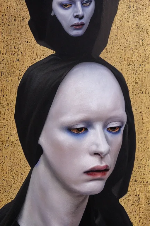 Image similar to hyperrealism oil painting, close - up portrait of albino medieval fashion model, black silk, steel gradient mixed with nebula sky, in style of baroque