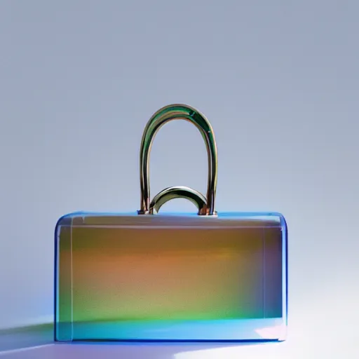 Image similar to an ultra high definition professional studio quality photograph of a transparent iridescent perspex pastel coloured luggage bag on a coat hook in an empty white room. dramatic lighting, ray tracing, refraction, shallow d. o. f, colour corrected, golden ratio, three point light. volumetric shadows. light rays.