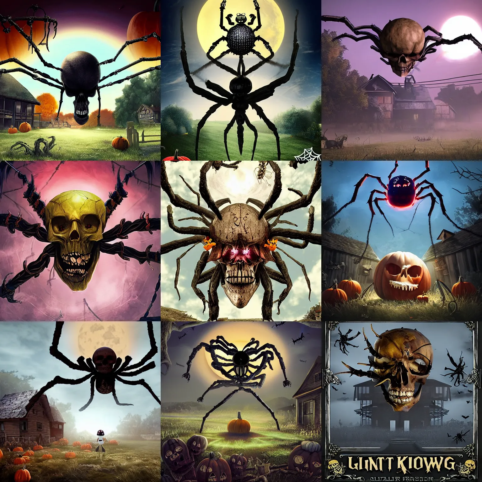 Prompt: giant skull spider king, hovering over a farmhouse on halloween, PC boxart