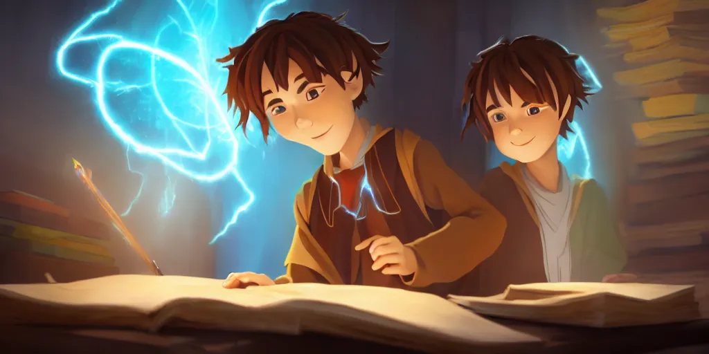 Image similar to a young boy mage with a brown cloak and brown hair is standing at his desk working on a new spell, colorful, flowing energy, light rays, anime boy, boy, consistent face, anime boy face, medium shot, waist up, pixar and disney animation, sharp, concept art, highly detailed, trending on artstation, bloom, dramatic lighting, cinematic