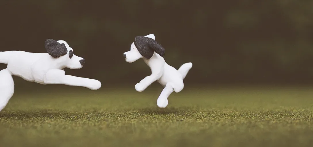 Prompt: dog playing fetch, claymation, stop motion, shallow depth of field