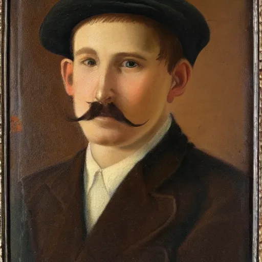 Image similar to portrait of a british young man in a flat cap, a small mustache, and a nice brown suit, oil painting