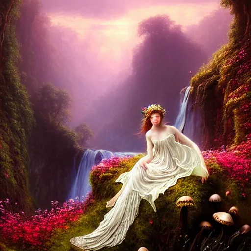 Image similar to highly detailed, an elegant fairy in a white lace dress sitting a in a enchanted scenery landscape, vast lush valley flowers and mushroom, waterfall, stream, sunrise, vivid color, soft clouds, cinematic lighting, perfect composition, 8 k, gustave dore, derek zabrocki, greg rutkowski, belsinski,