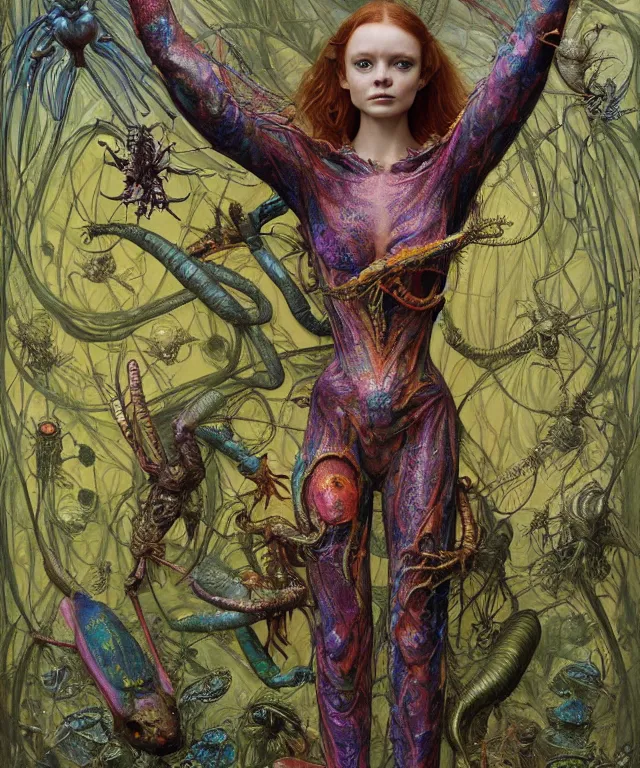 Prompt: a portrait photograph of a alien harpy succubus princess with amphibian skin. she looks like sadie sink dressed in a colorful slimy organic membrane bulbous catsuit. she is transforming into an insect. by donato giancola, walton ford, ernst haeckel, peter mohrbacher, hr giger. 8 k, cgsociety, fashion editorial