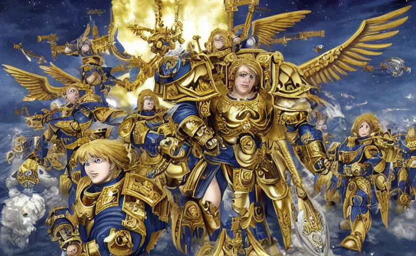 Prompt: the golden primarch of the emperor with angelic wings leading space marines into war, warhammer 40k anime