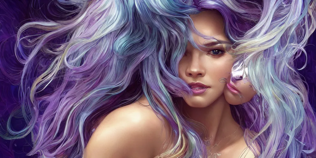 Image similar to wide angle, opalescent purple panther, metallic silver and ice color reflected crystal hair, leaping from babaob tree, fantasy, intricate, very beautiful, elegant, golden light, highly detailed, digital painting, artstation, concept art, smooth, sharp focus, unreal engine, art by wlop and tian zi and alphonse mucha