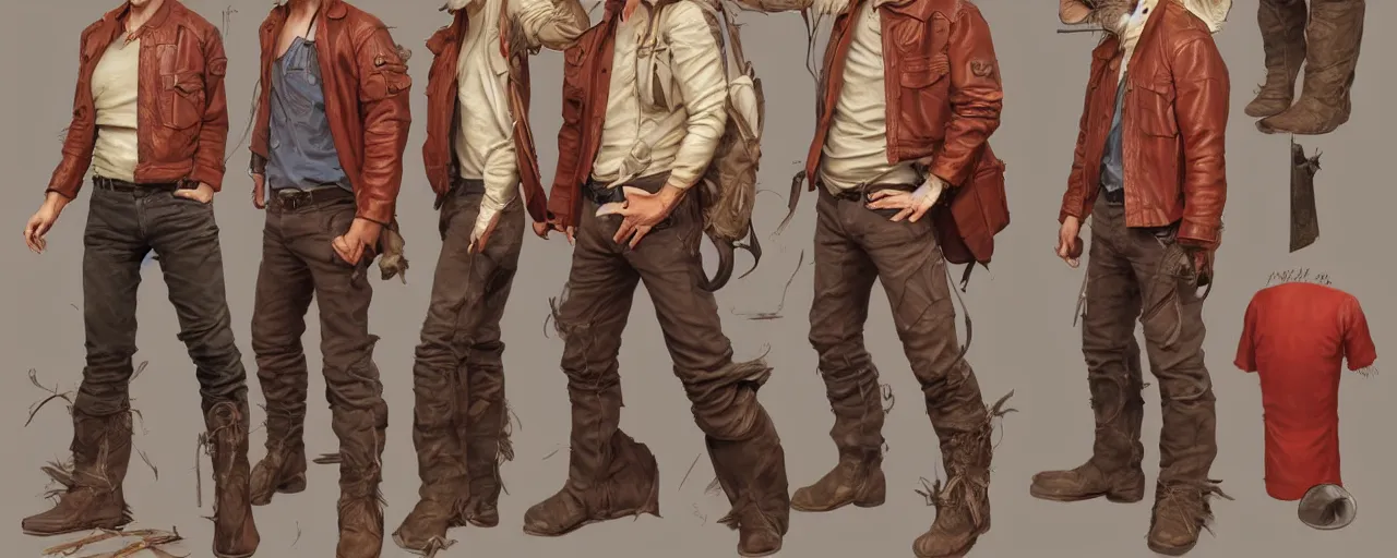 Prompt: character design, turnaround, full body, 40's adventurer, unshaven, optimistic, stained dirty clothing, straw hat, riding boots, red t-shirt, dusty brown bomber leather jacket, detailed, concept art, photorealistic, hyperdetailed, 3d rendering , art by Leyendecker and frazetta,