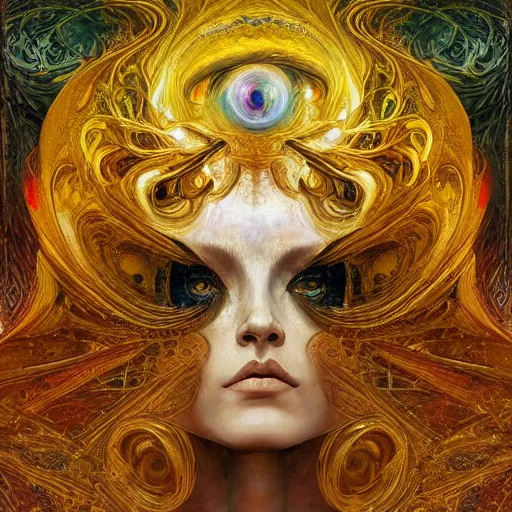 Image similar to Divine Chaos Engine by Karol Bak, Jean Deville, Gustav Klimt, and Vincent Van Gogh, beautiful visionary mystical portrait, sacred, otherworldly, fractal structures, ornate gilded medieval icon, third eye, spirals