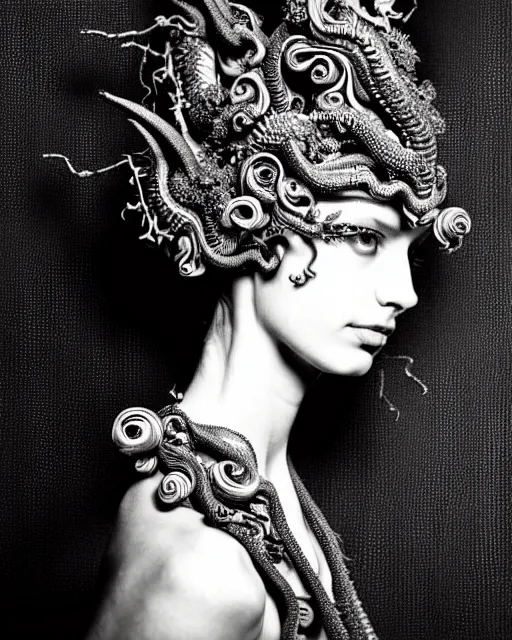 Image similar to dark background, a black and white high quality dreamy photo of a young beautiful female queen-dragon-vegetal-cyborg bust with a very long neck and delicate Mandelbrot fractal face, elegant, highly detailed, flesh highly baroque ornate, hair are curled wired cables, elegant, poetic, soft, dreamy, mysterious, high fashion, rim light, in the style of Ellen von Unwerth, Realistic, Refined, Digital Art, Highly Detailed, Cinematic Lighting, rim light, black and white, photo-realistic, 8K