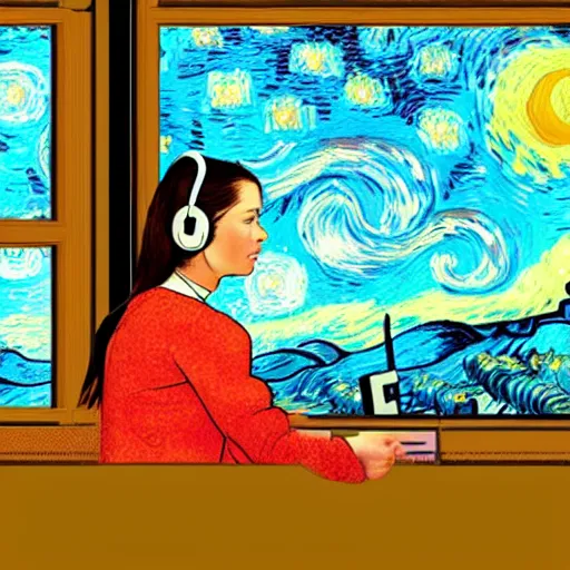 Prompt: Sideview of a girl sitting at her desk wearing headphones in front of a big window, in the style of a Van Gogh Painting