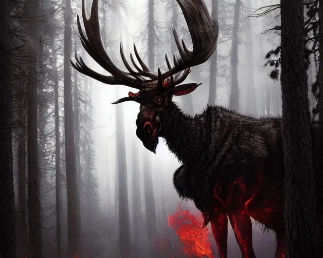 Image similar to 5 5 mm close up portrait photo of an armored demonic burning moose with red eyes and antlers and looking at the camera, in a magical forest. dark atmosphere. art by greg rutkowski and luis royo. highly detailed 8 k. intricate. lifelike. soft light. nikon d 8 5 0.